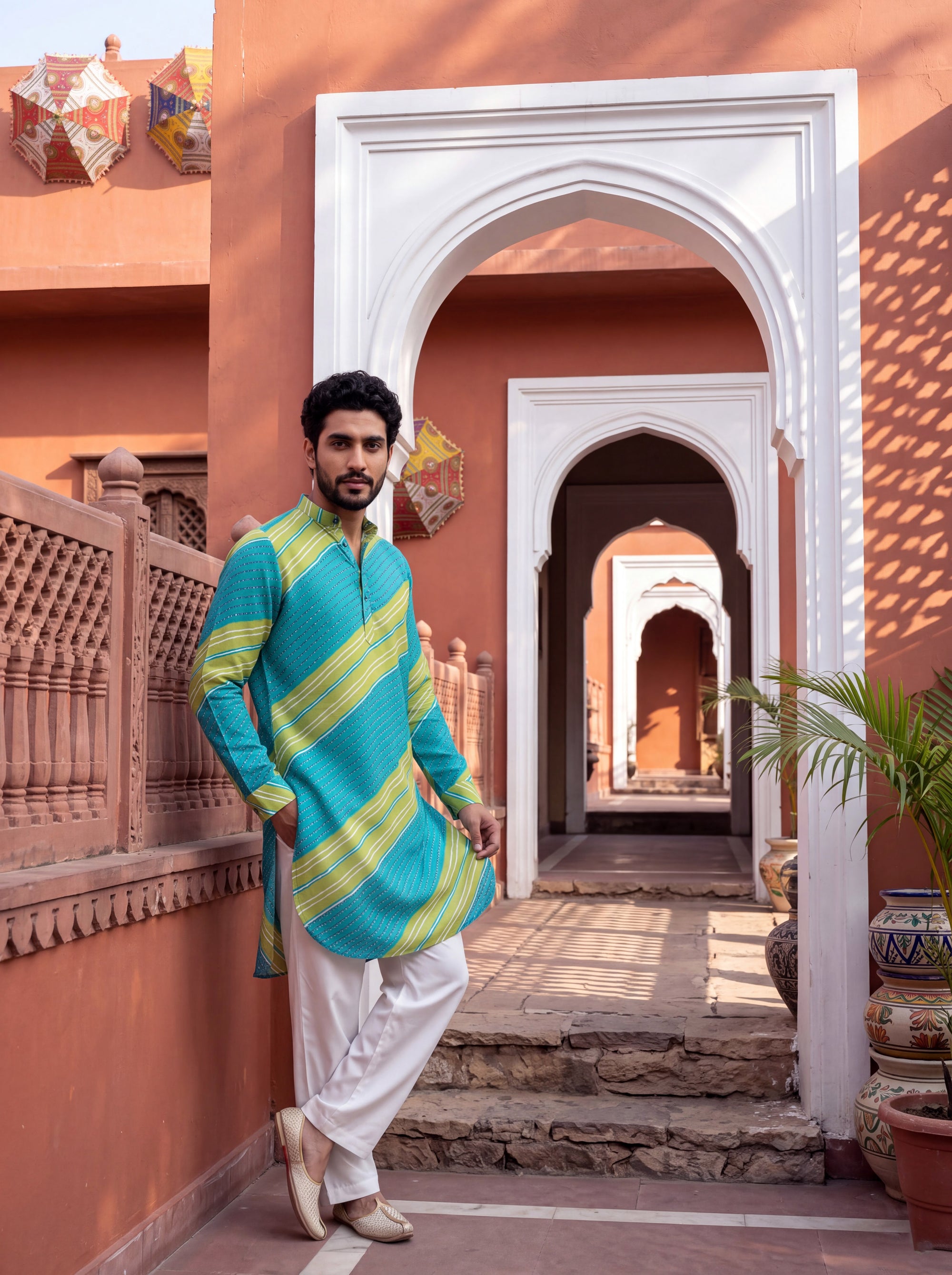 Teal Lime Leheriya Ganganagery Kurta