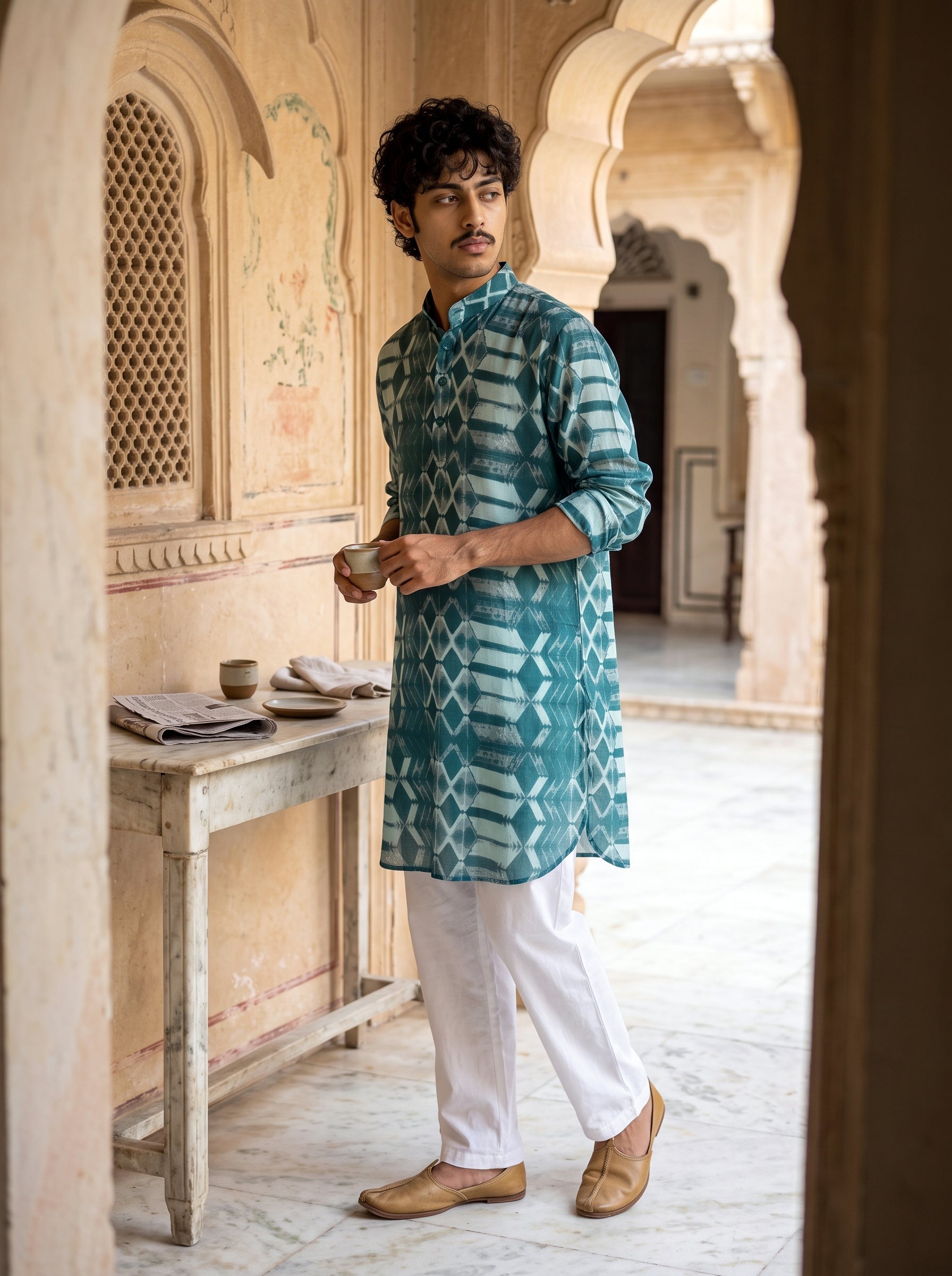 Teal Geometric Ganganagery Kurta