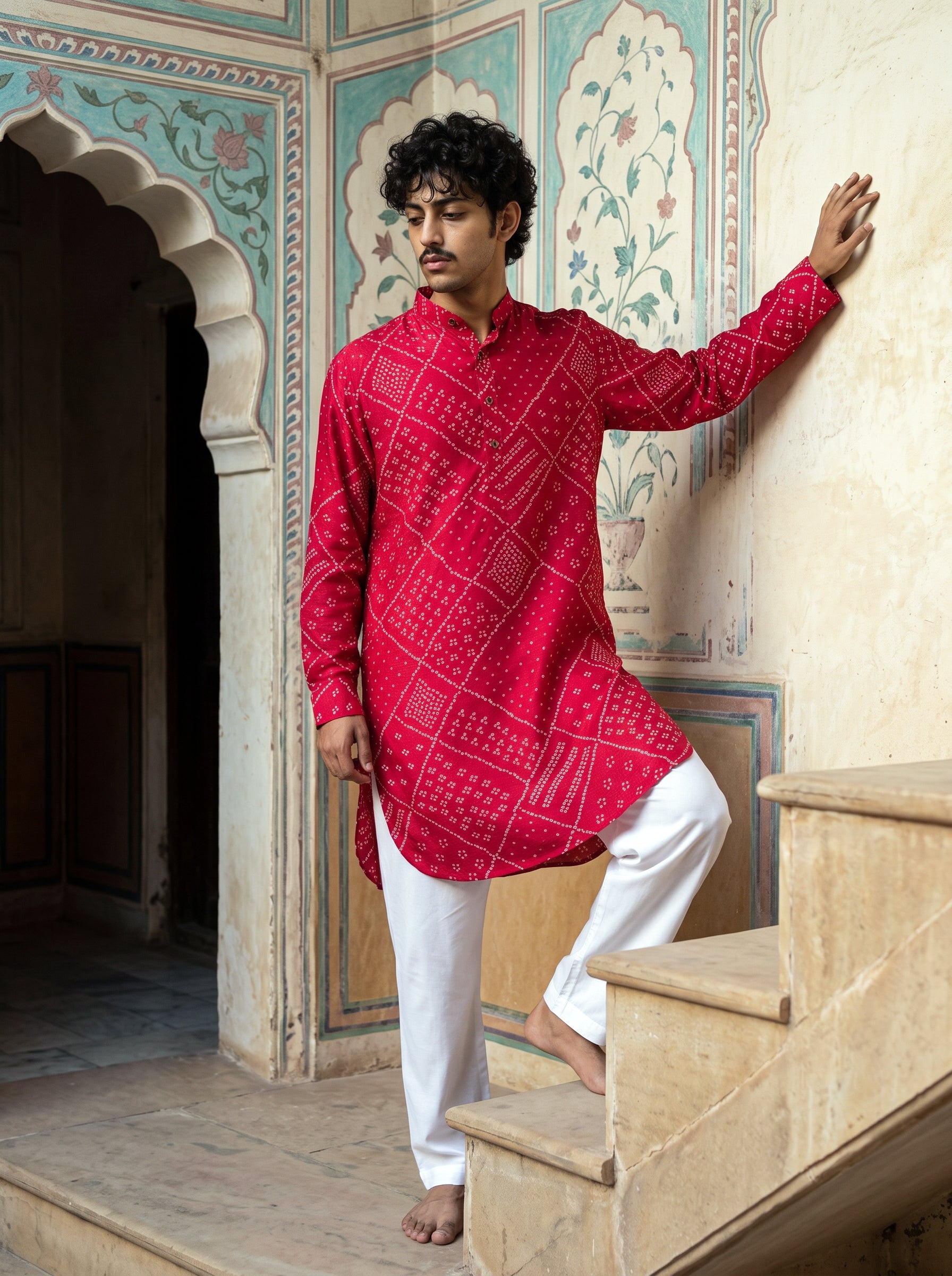 Red Bandhani Ganganagery Kurta