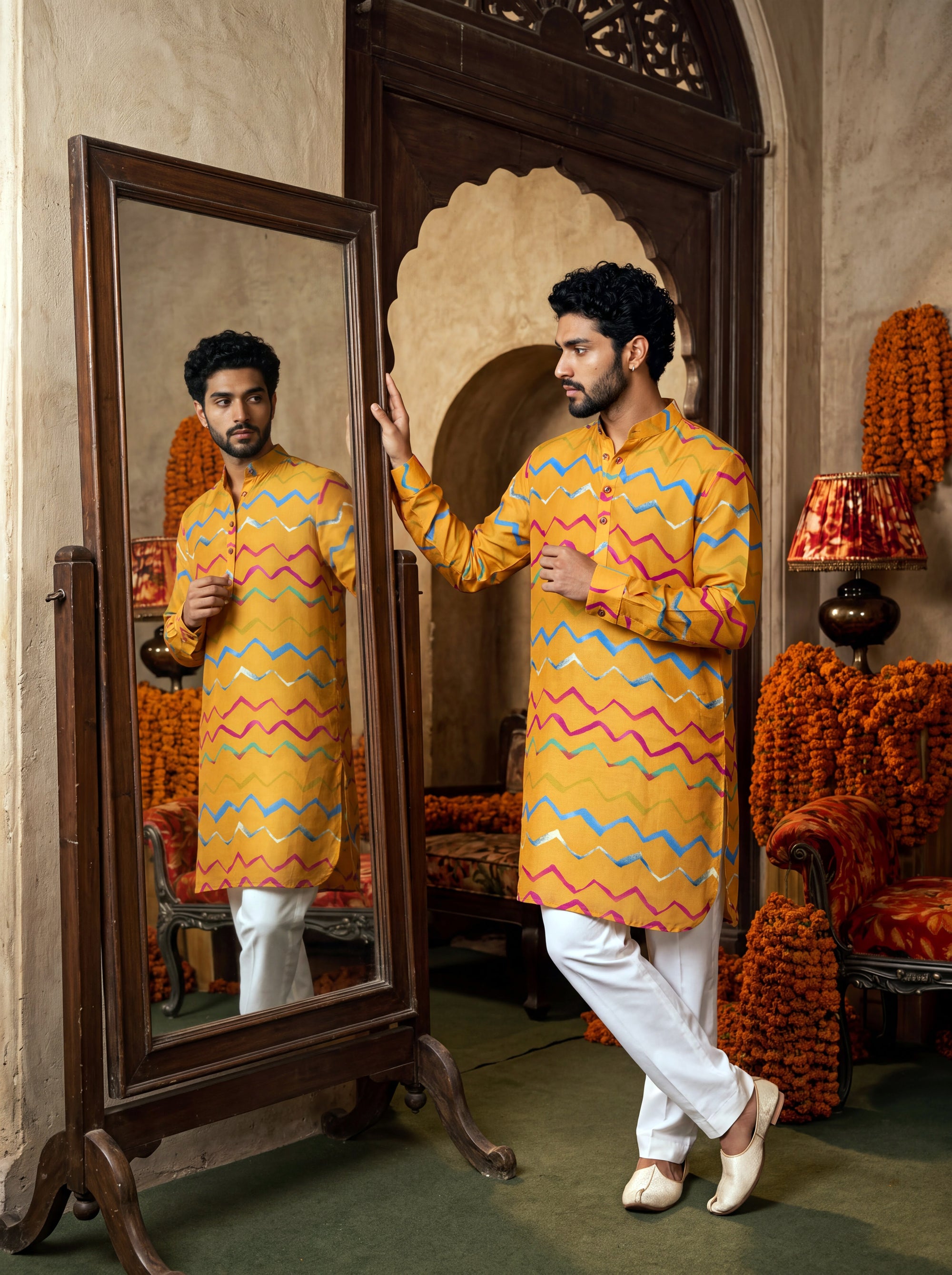 Marigold Zigzag Leheriya Ganganagery Kurta
