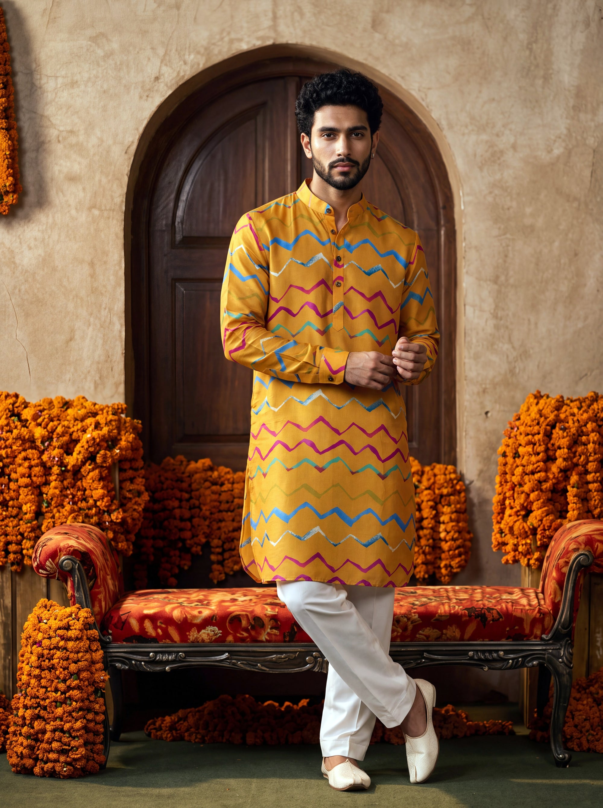Marigold Zigzag Leheriya Ganganagery Kurta