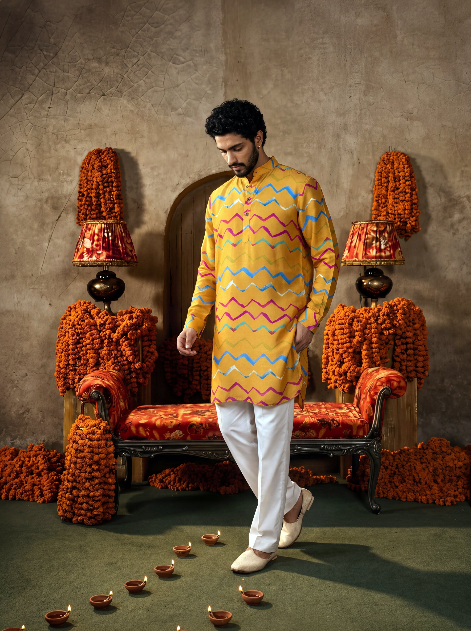 Marigold Zigzag Leheriya Ganganagery Kurta