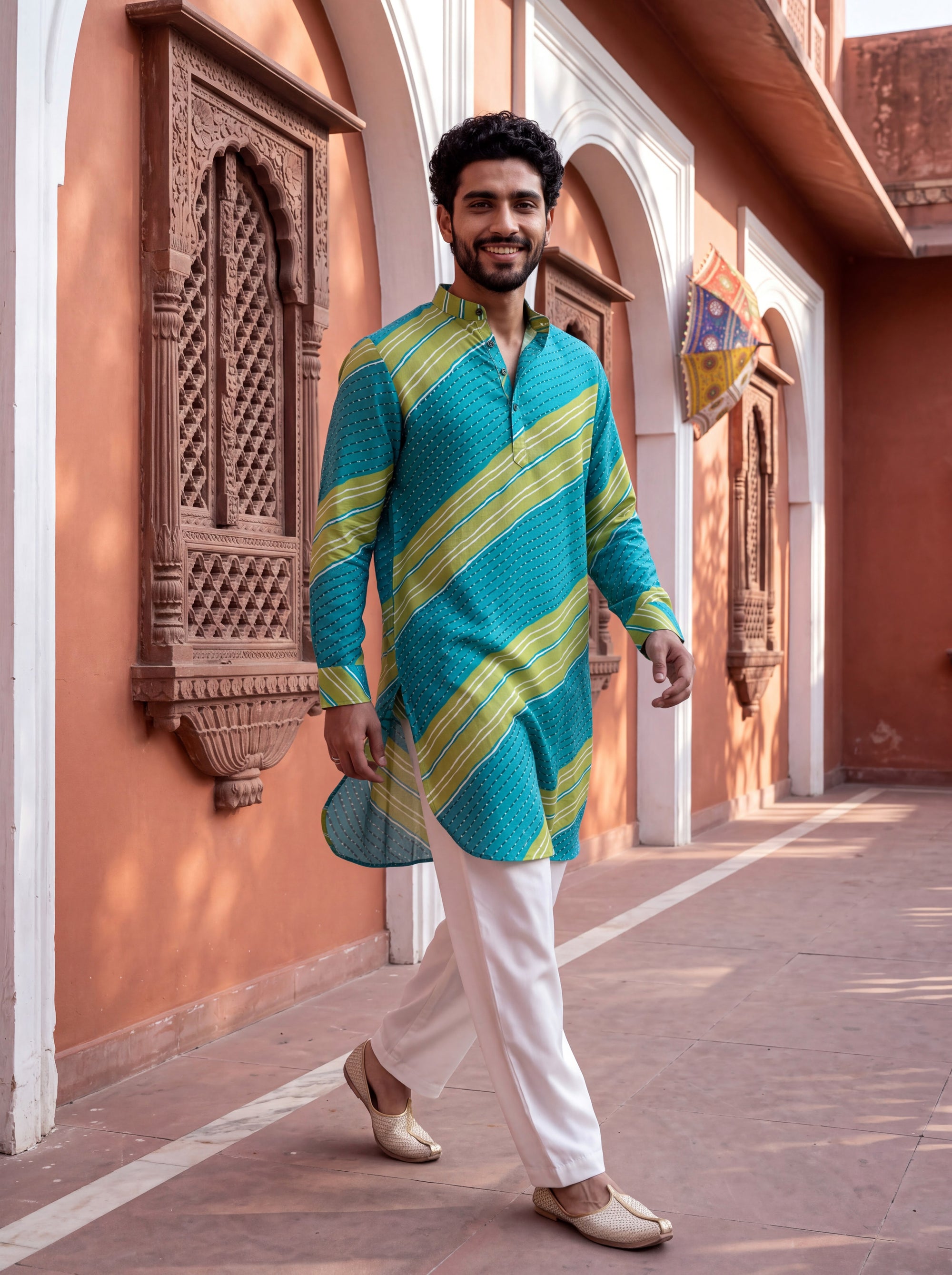 Teal Lime Leheriya Ganganagery Kurta