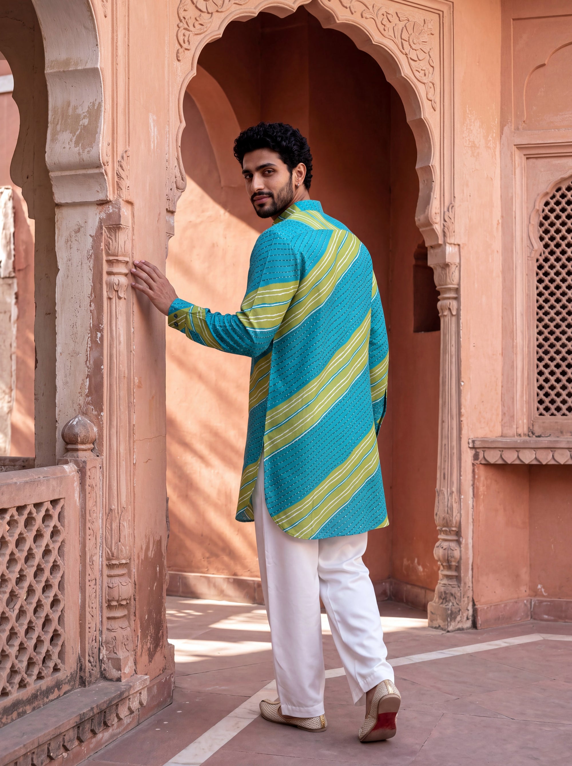 Teal Lime Leheriya Ganganagery Kurta