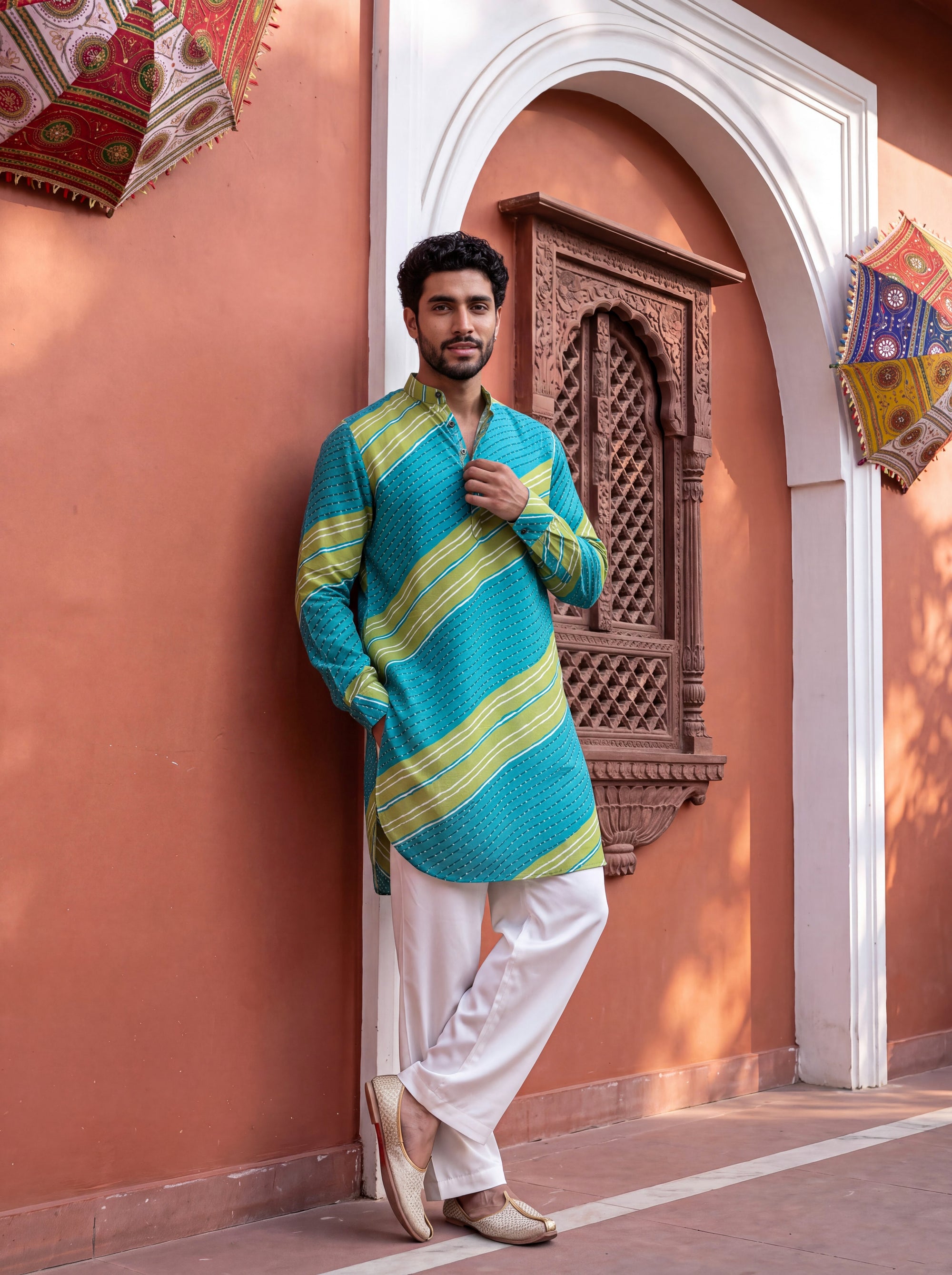 Teal Lime Leheriya Ganganagery Kurta