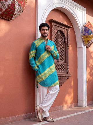 Teal Lime Leheriya Ganganagery Kurta