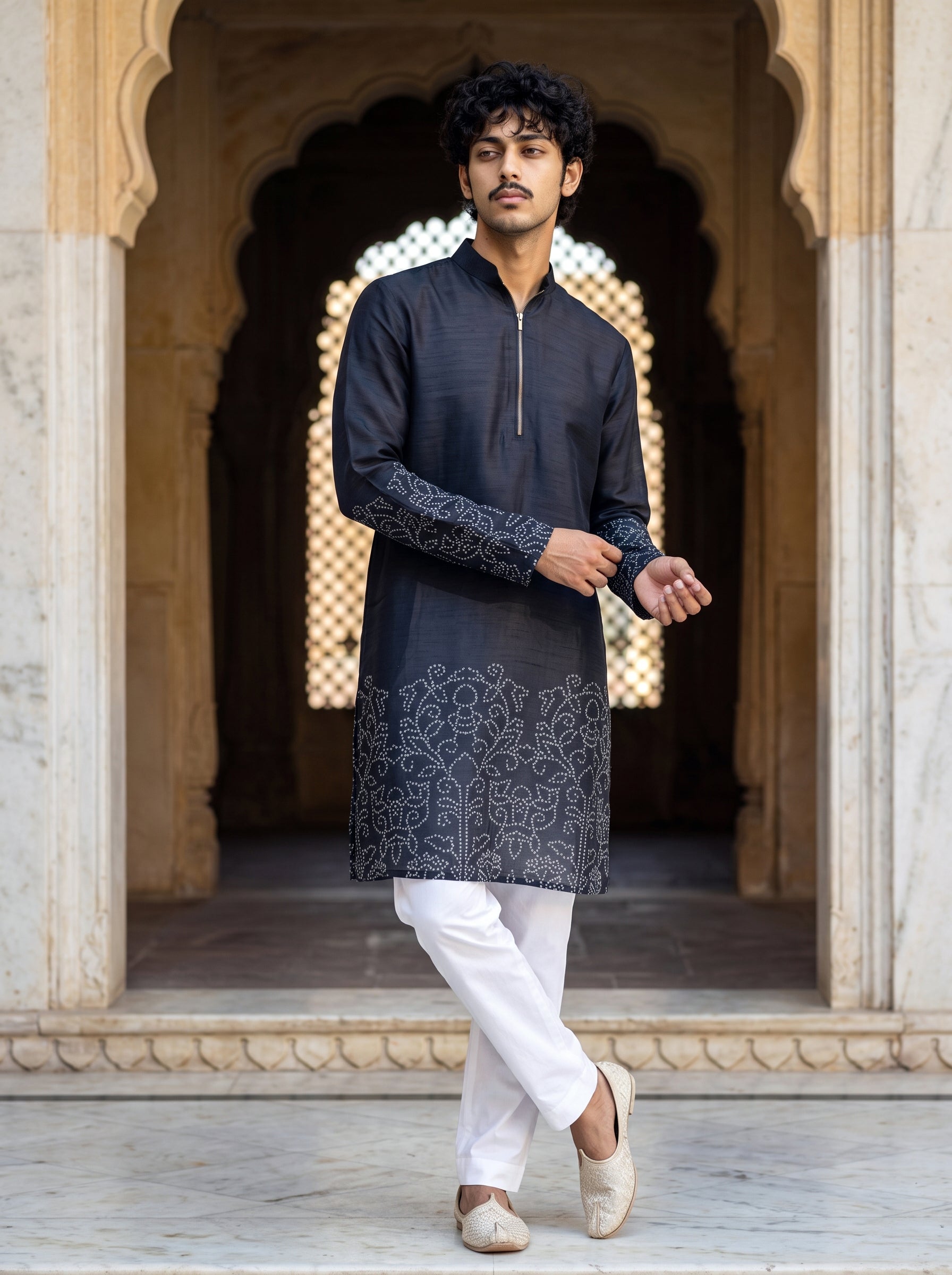 Black Bandhani Zipper Kurta