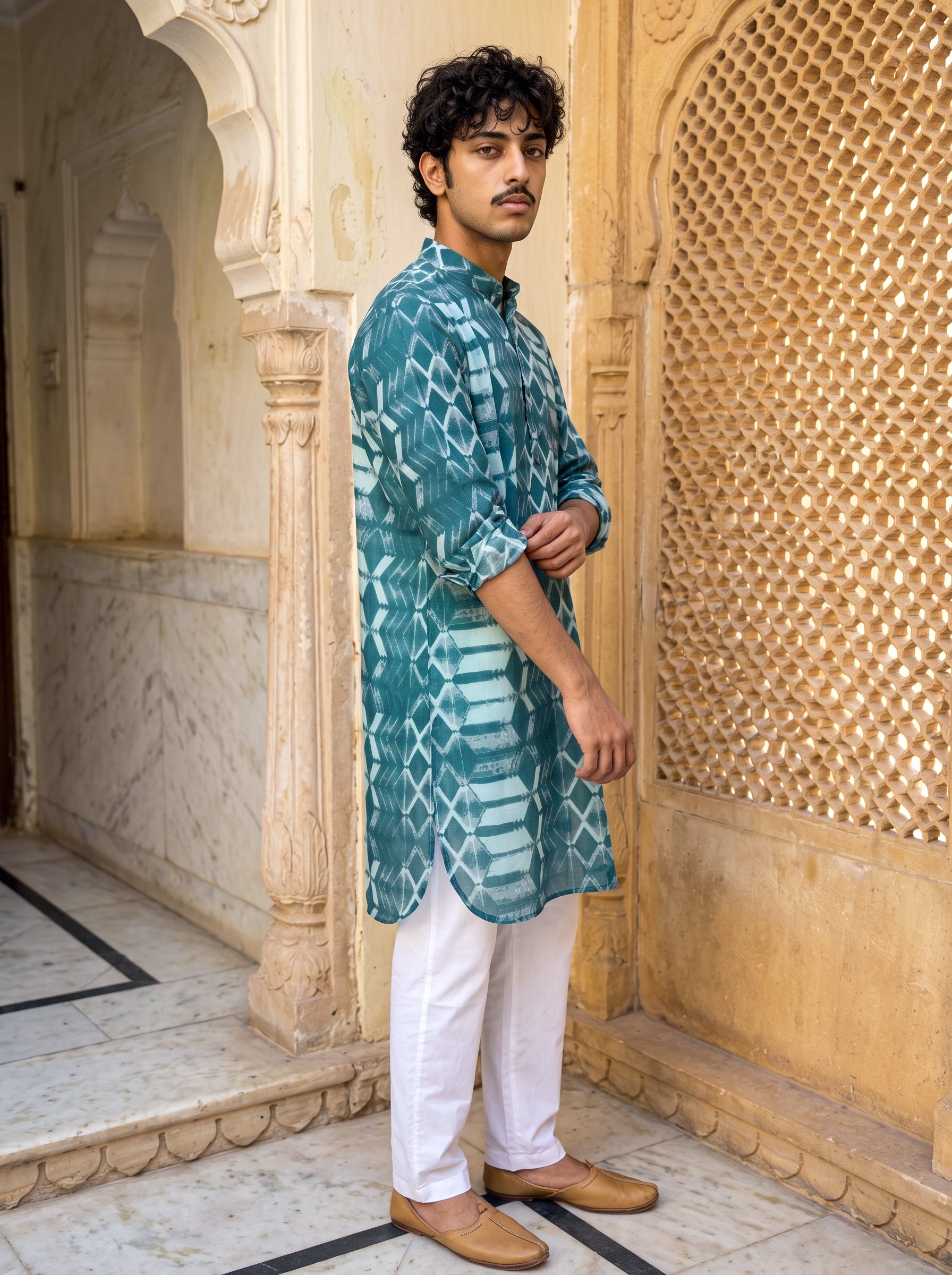 Teal Geometric Ganganagery Kurta