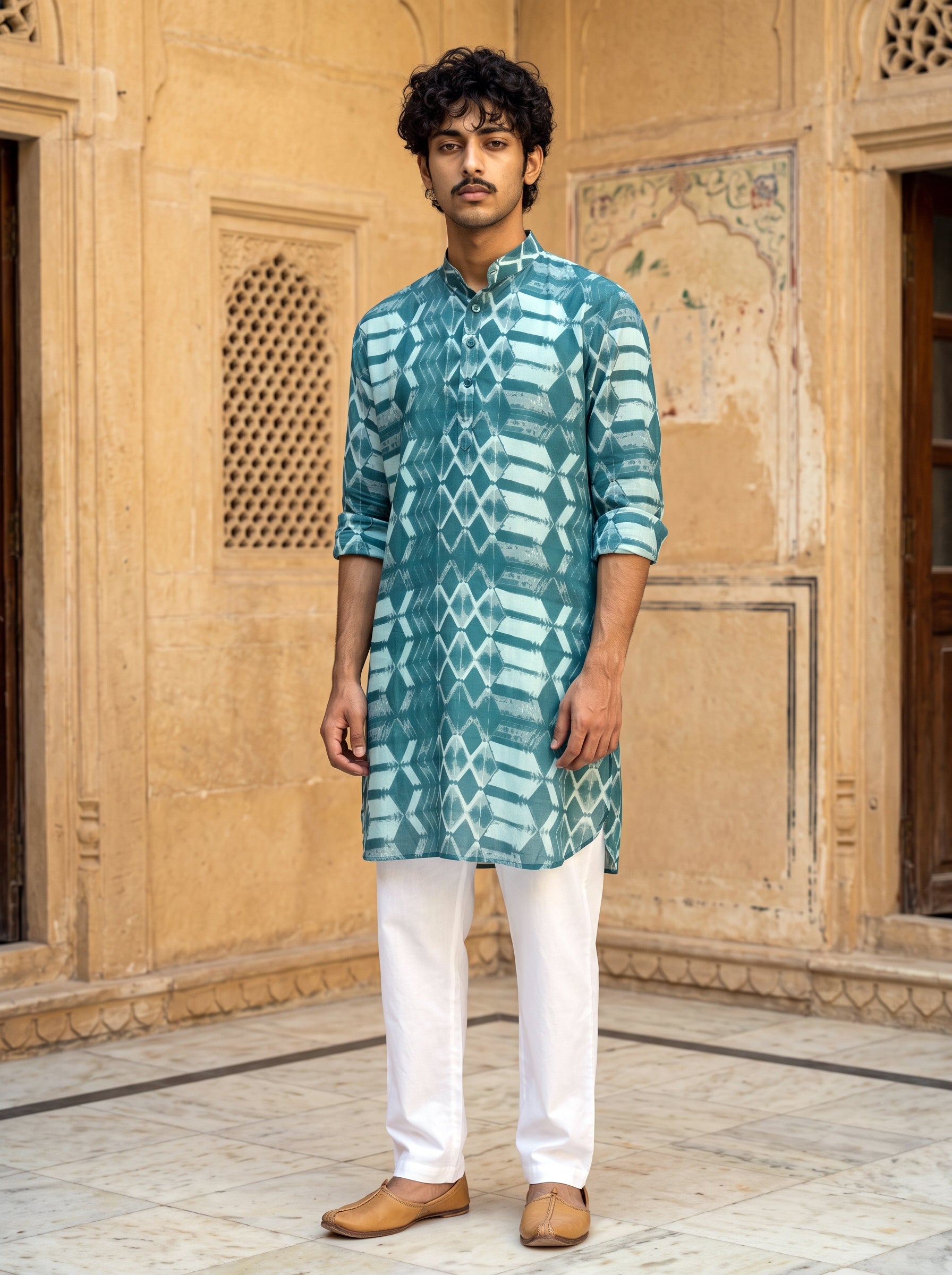 Teal Geometric Ganganagery Kurta
