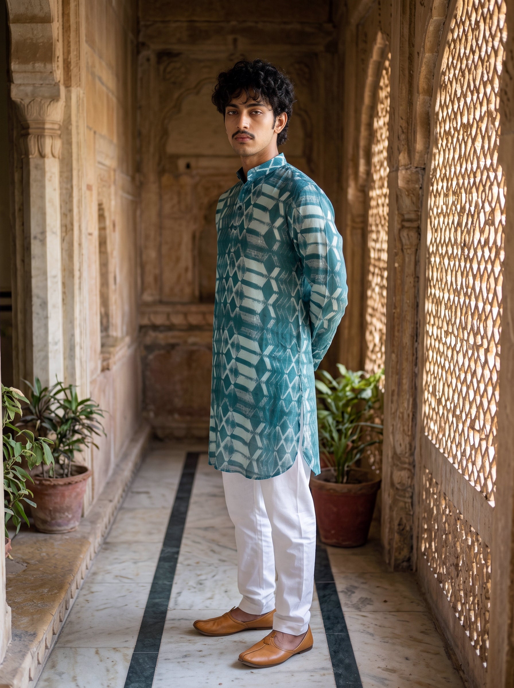 Teal Geometric Ganganagery Kurta