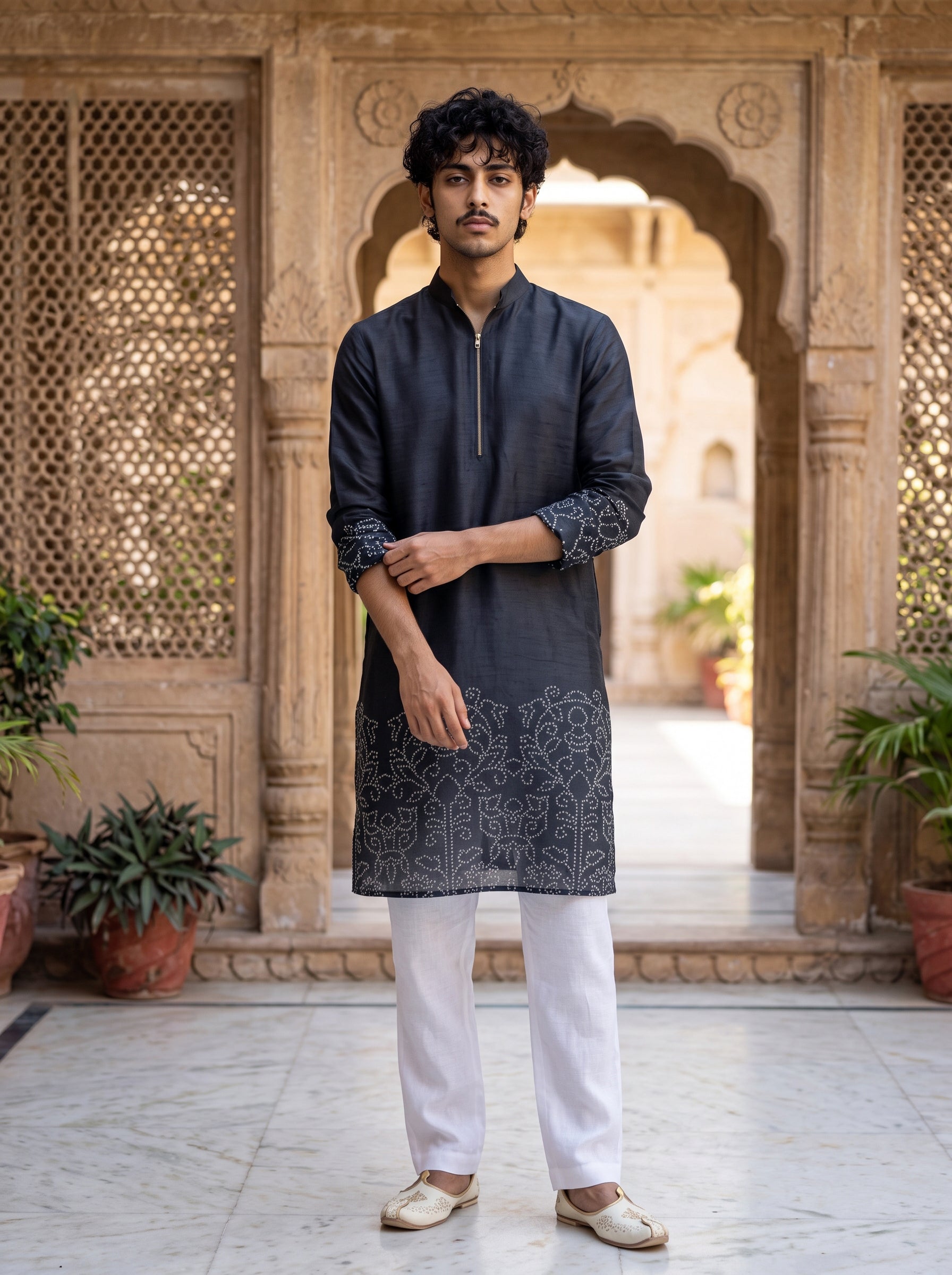 Black Bandhani Zipper Kurta