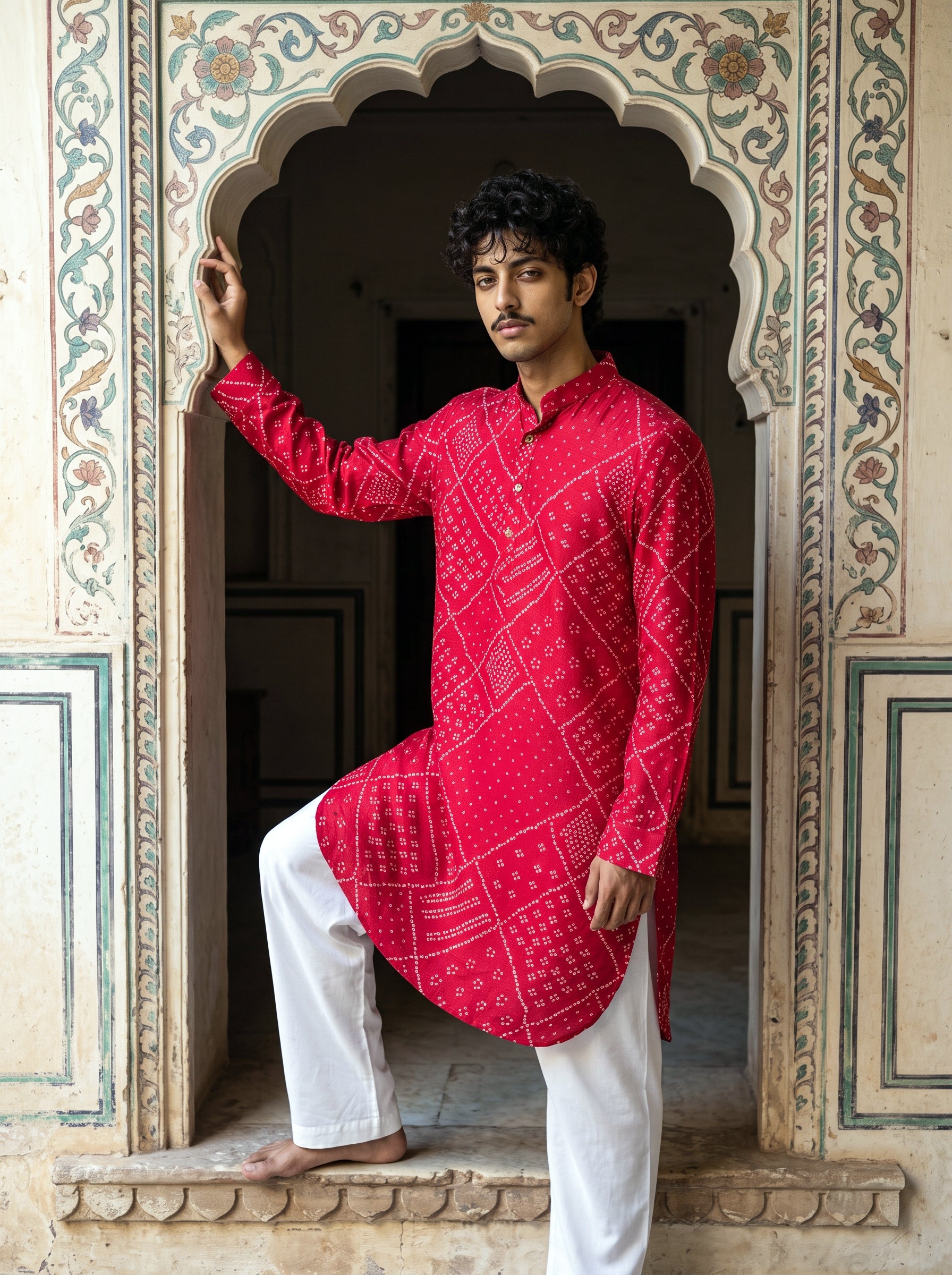 Red Bandhani Ganganagery Kurta
