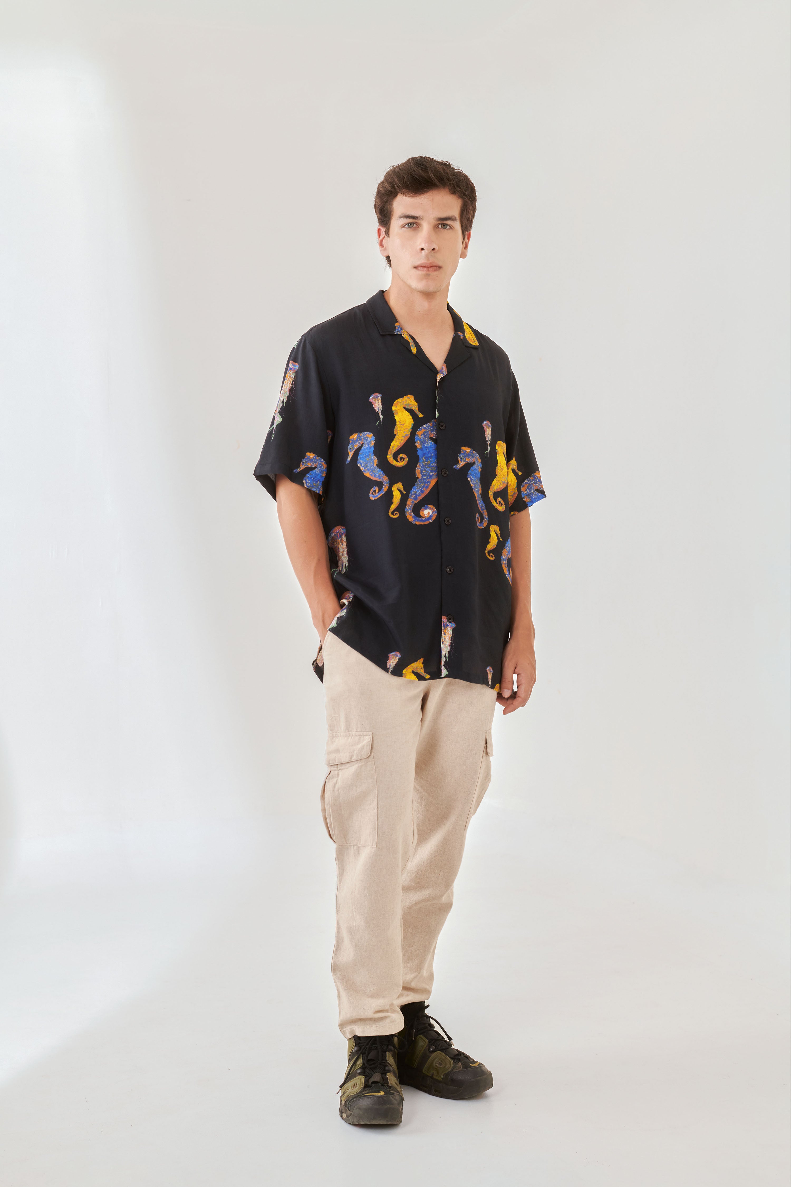 Sea horse Black Oversize Hawaiian Collar Shirt