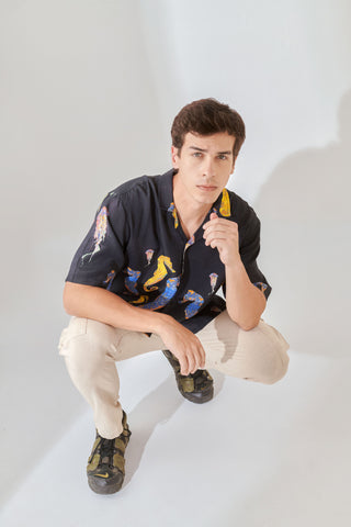 Sea horse Black Oversize Hawaiian Collar Shirt