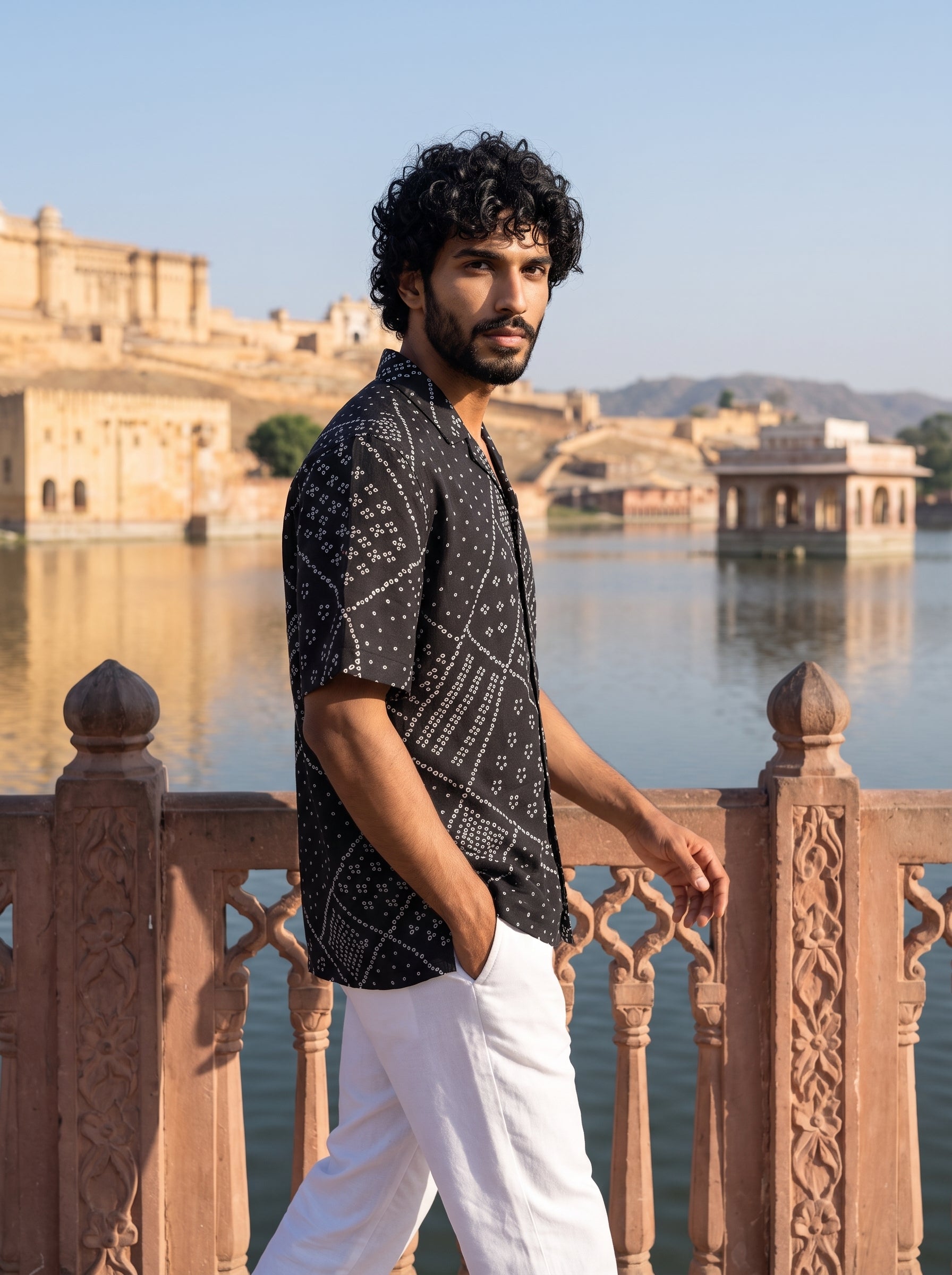 Black Bandhani Matrix Relaxed Fit Cuban Shirt