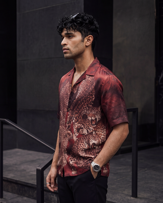 Crimson Panther Red Relaxed Fit Cuban Shirt
