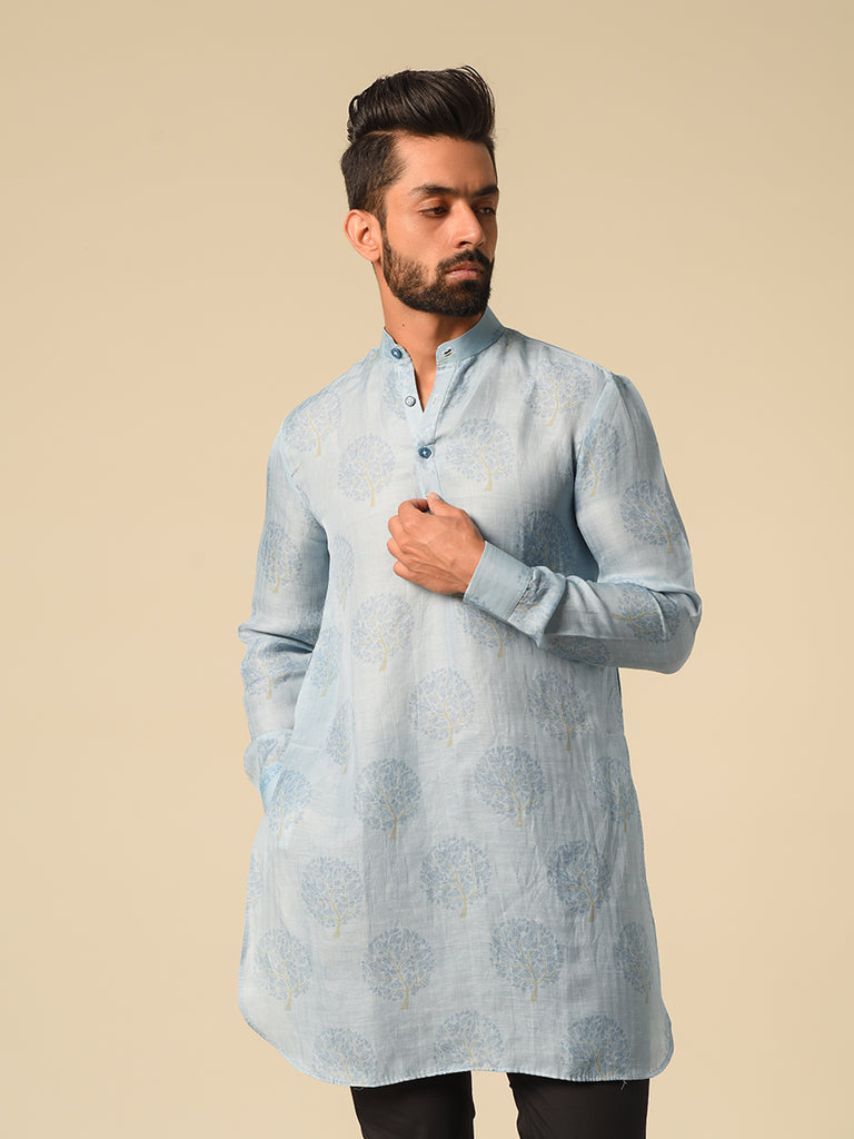 Autumn tree Kurta in sky blue colour | Qbmen