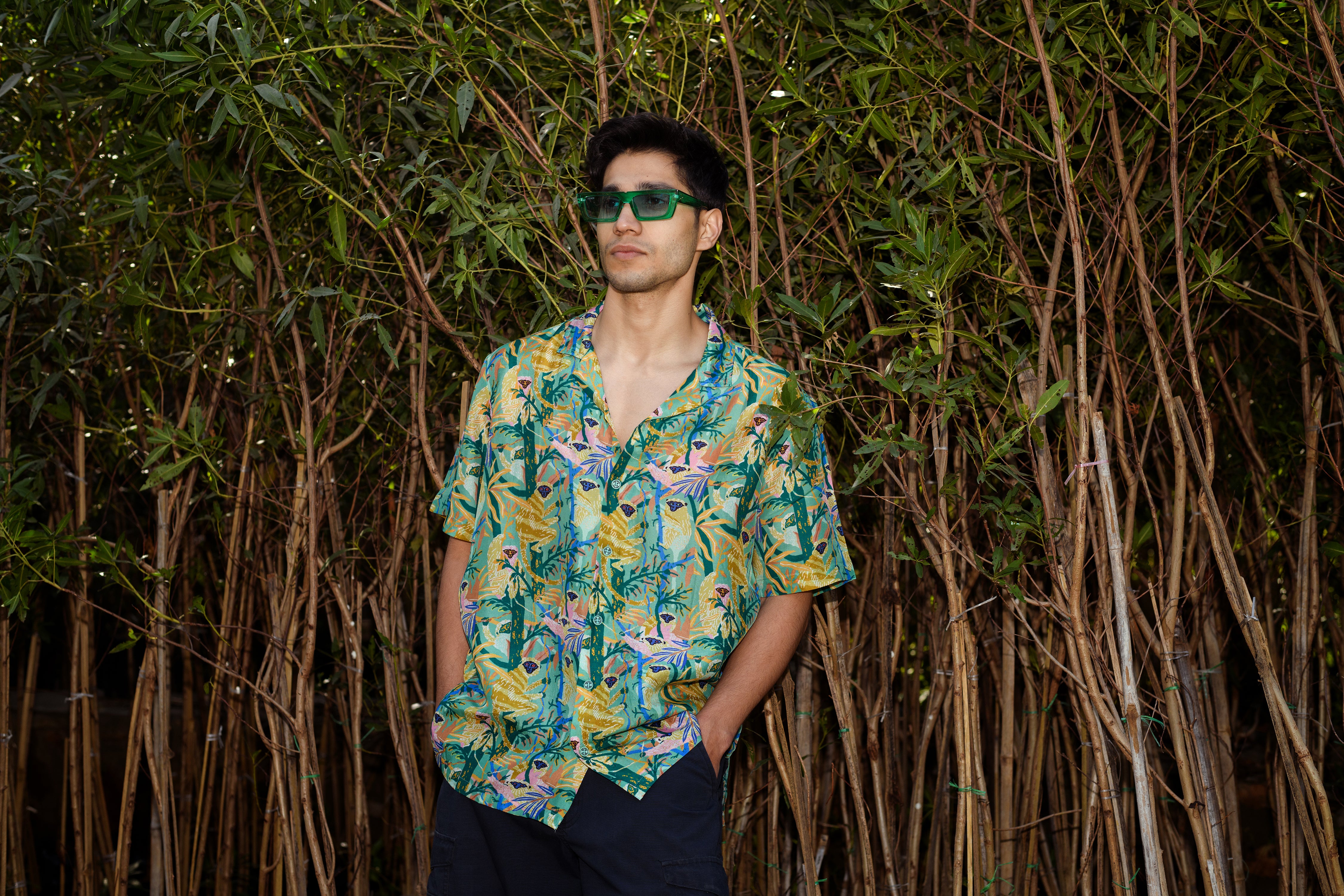 Lilly Green Leaf A- Fine Silk - Oversize Hawaiin Collar Shirt For Men