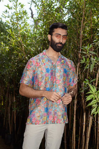 Floral Steel Grey - Russian Silk - Oversize Hawaiin Collar For Men