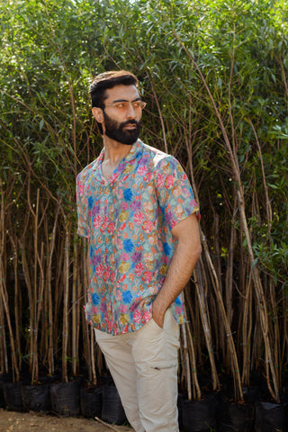 Floral Steel Grey - Russian Silk - Oversize Hawaiin Collar For Men