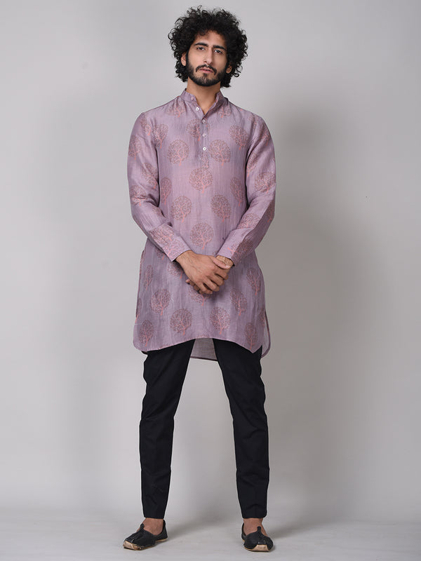 Autumn Tree Pale Purple Color Linen Kurta For Men