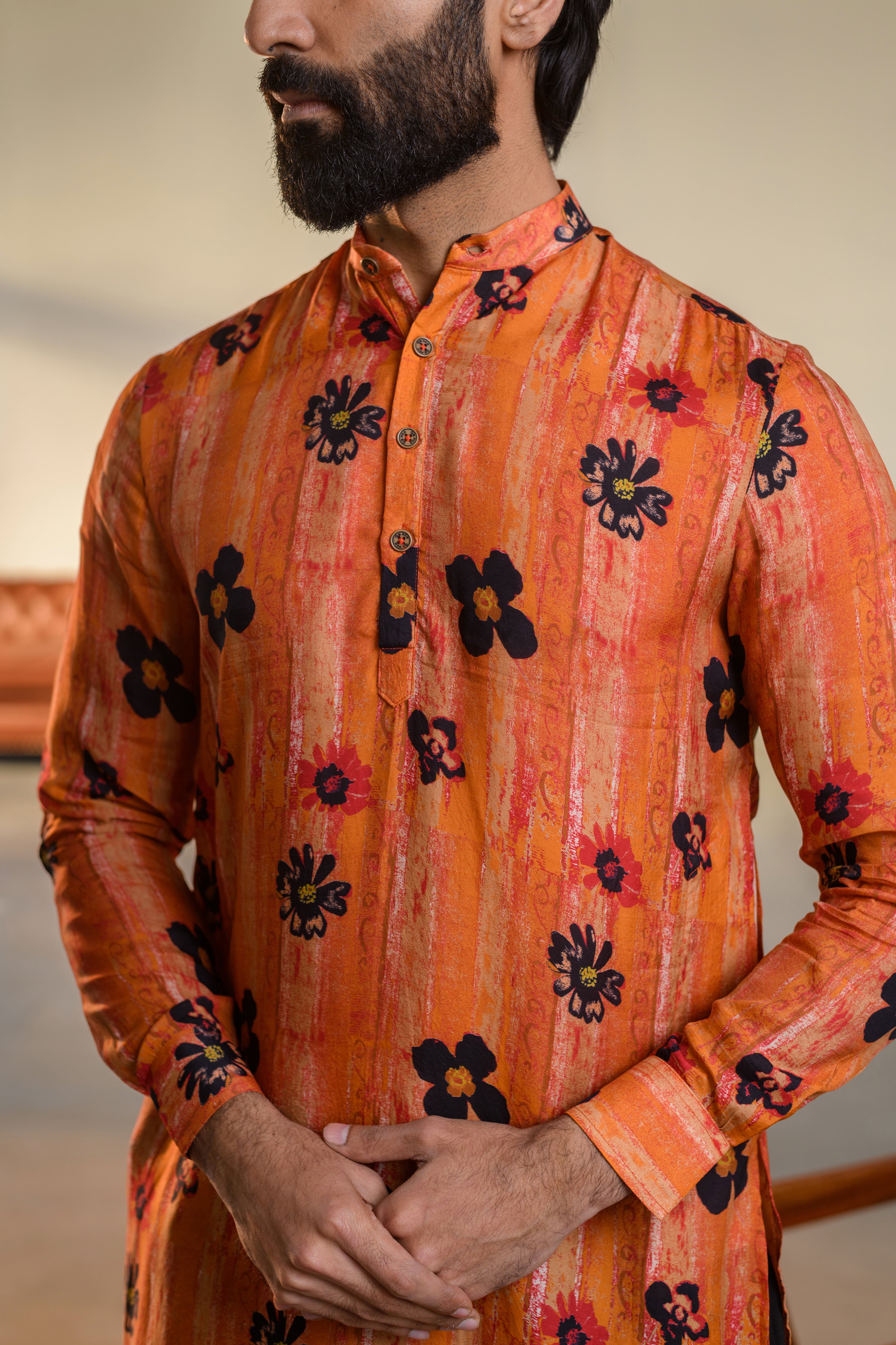 Floral Orange - Russian Silk  - Ganganagry Kurta For Men