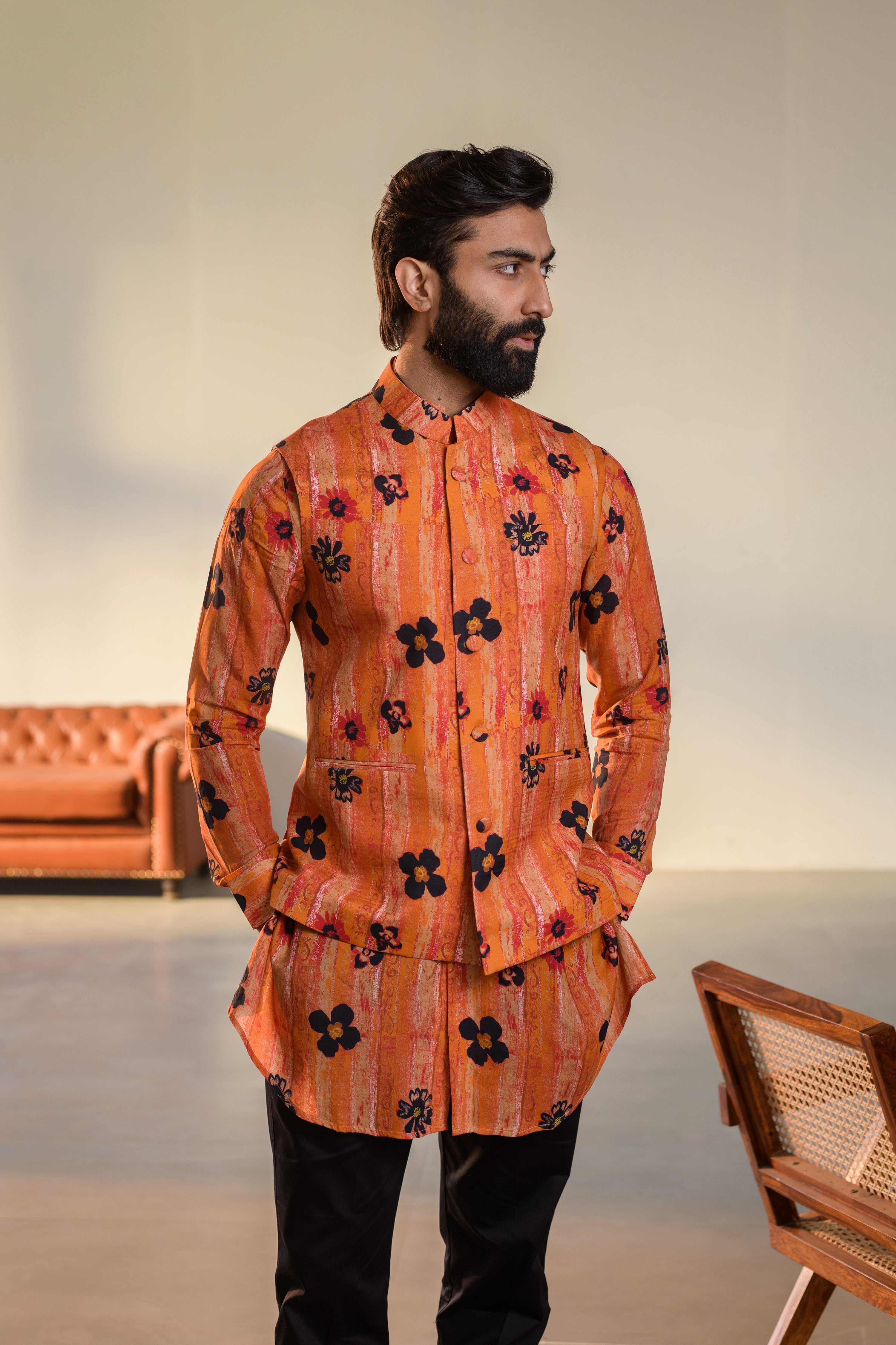 Floral Orange - Russian Silk- Kurta Bandi Set For Men