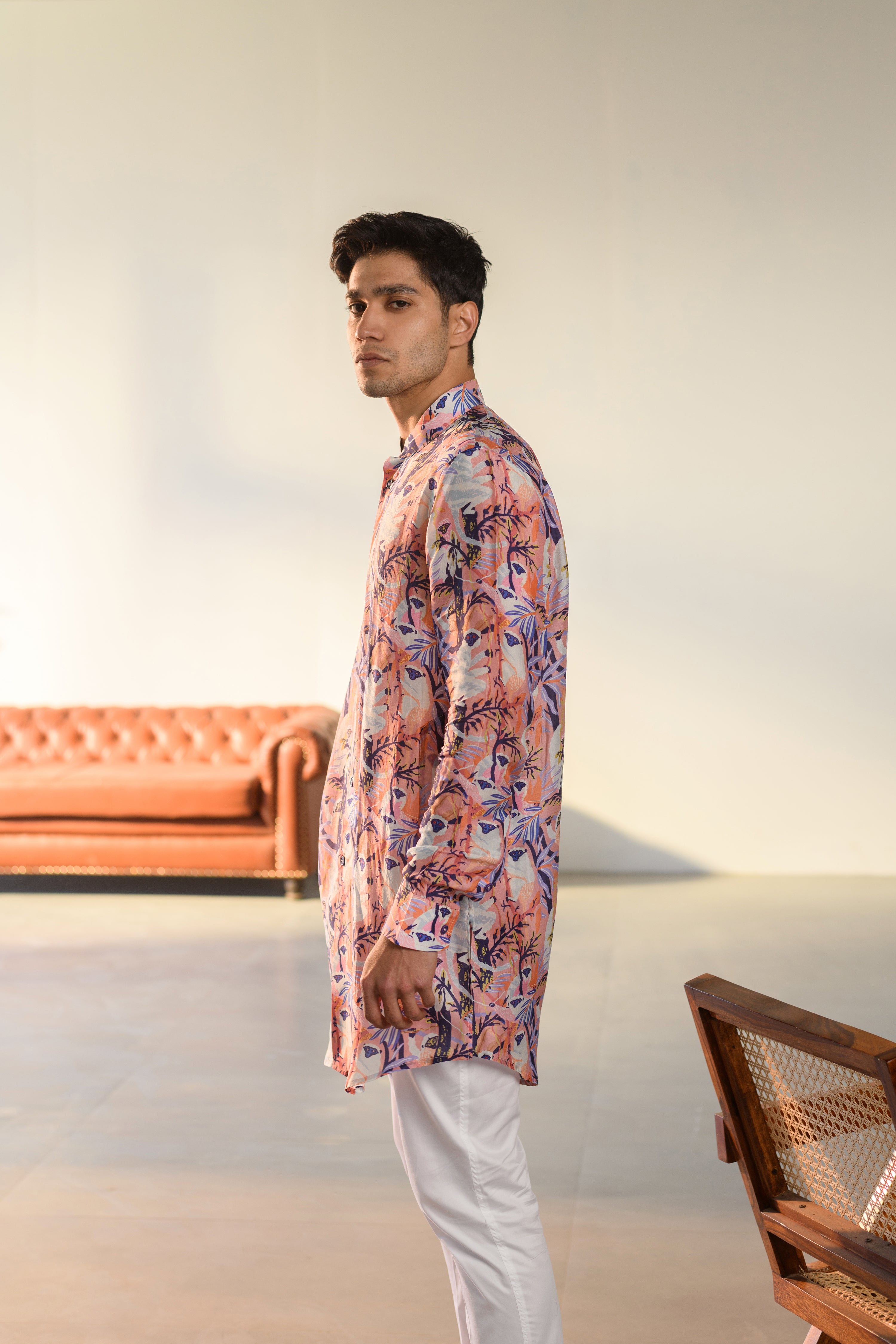 Lilly Pink Leaf - Silk - New Style Kurta For Men