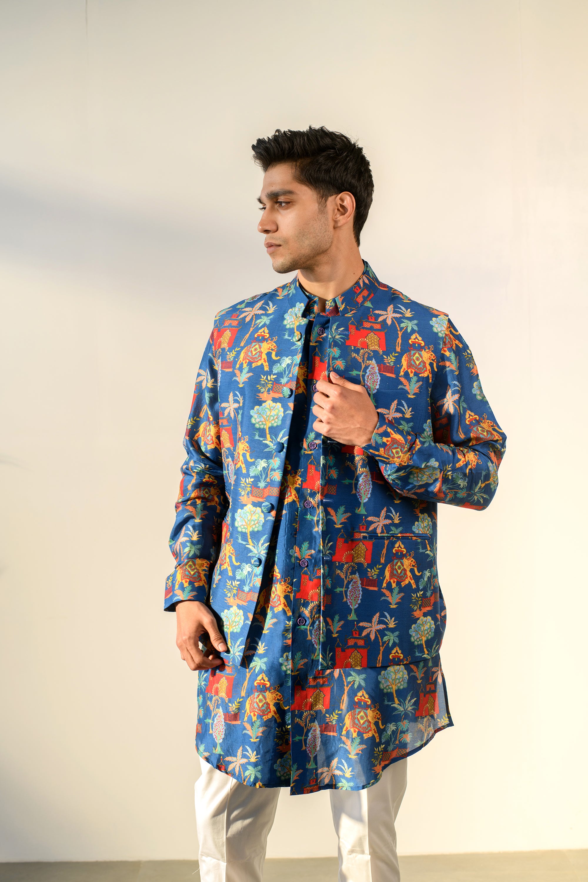 Jual Elephant Blue - Russian Silk - Full Button Kurta &amp; Bandi Set