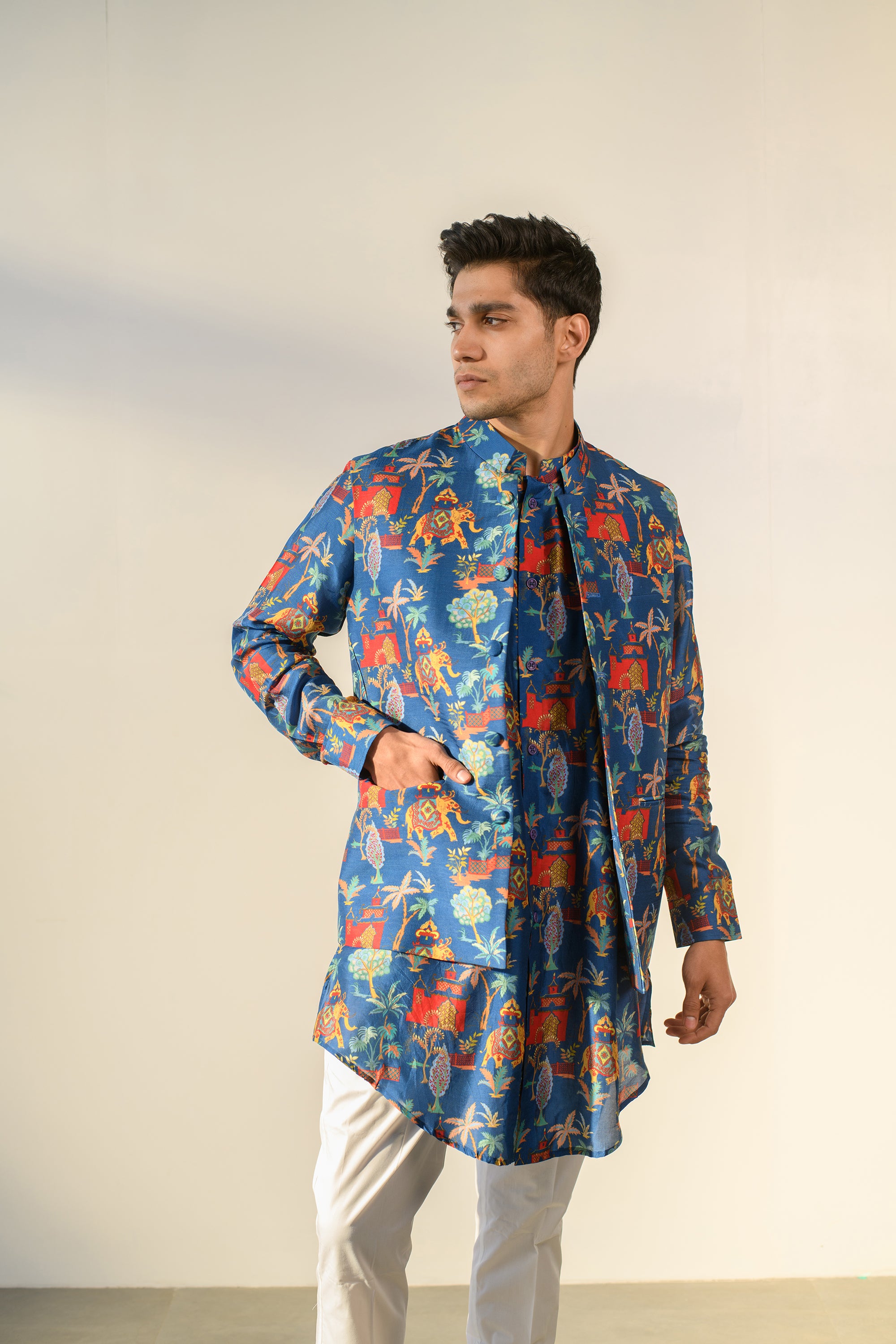 Jual Elephant Blue - Russian Silk - Full Button Kurta &amp; Bandi Set