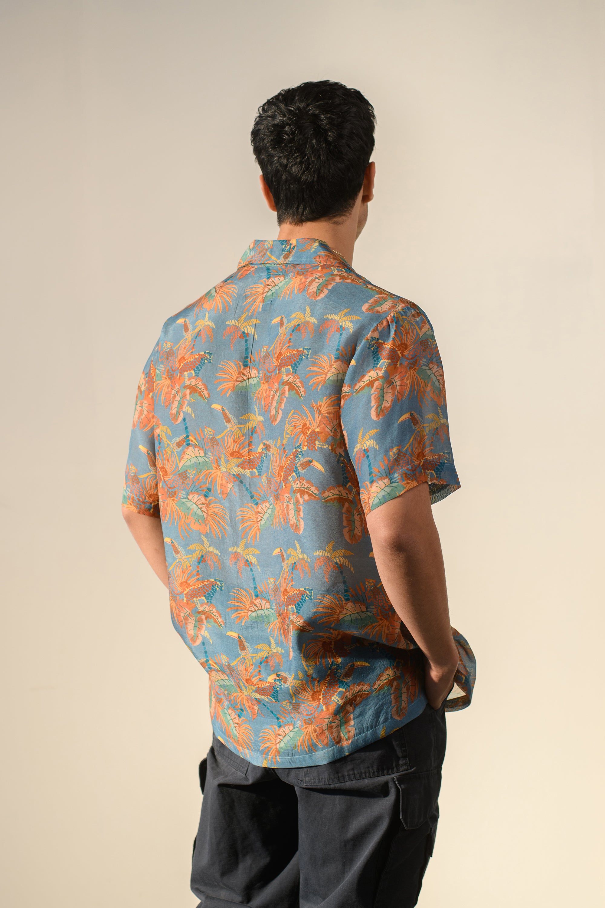 Leopard Floral Blue - Silk - Hawaiin Collar OS Shirt