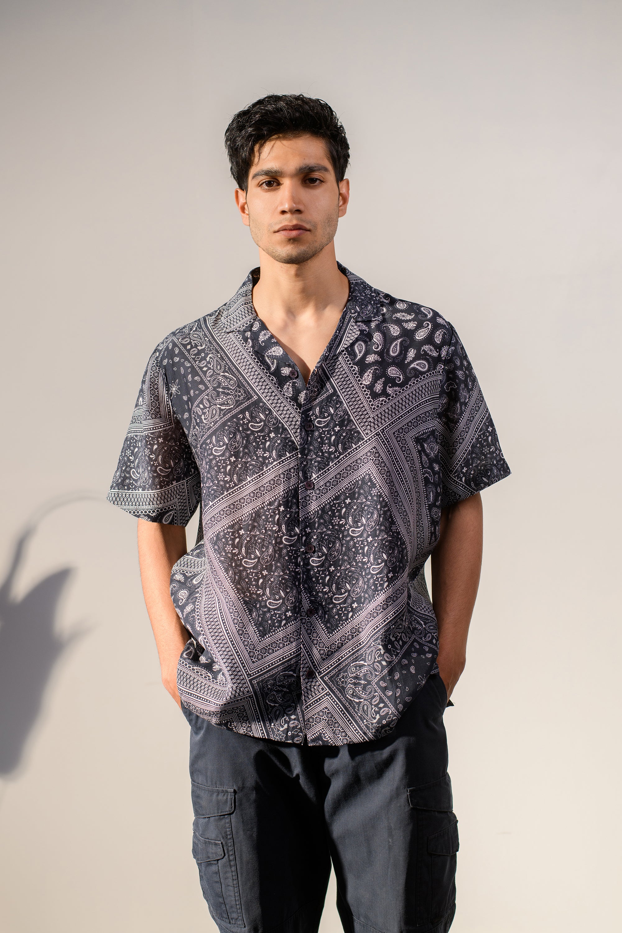Rustic Boho Black Bandana Silk Oversize Hawaiin Collar Shirt For Men