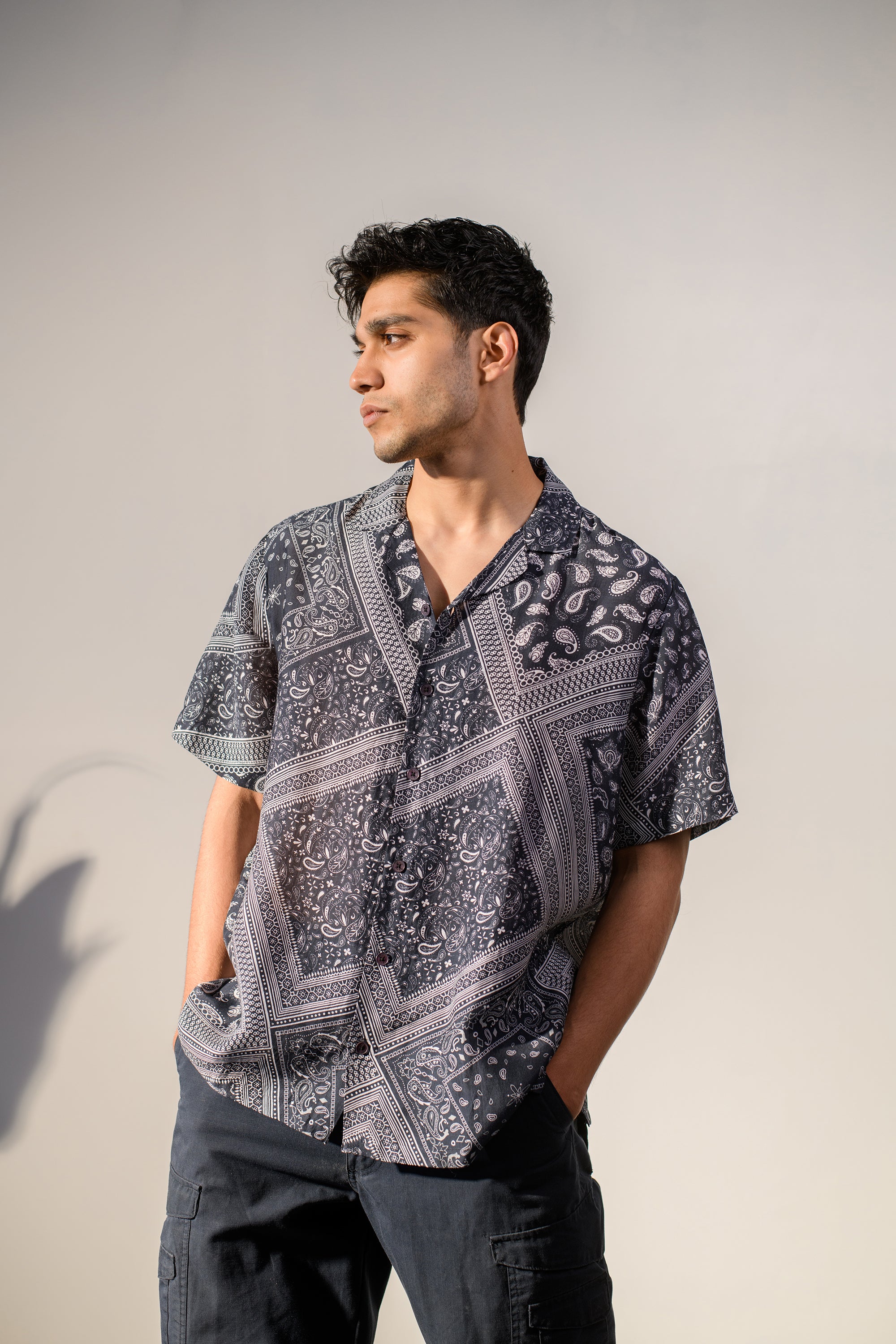 Rustic Boho Black Bandana Silk Oversize Hawaiin Collar Shirt For Men