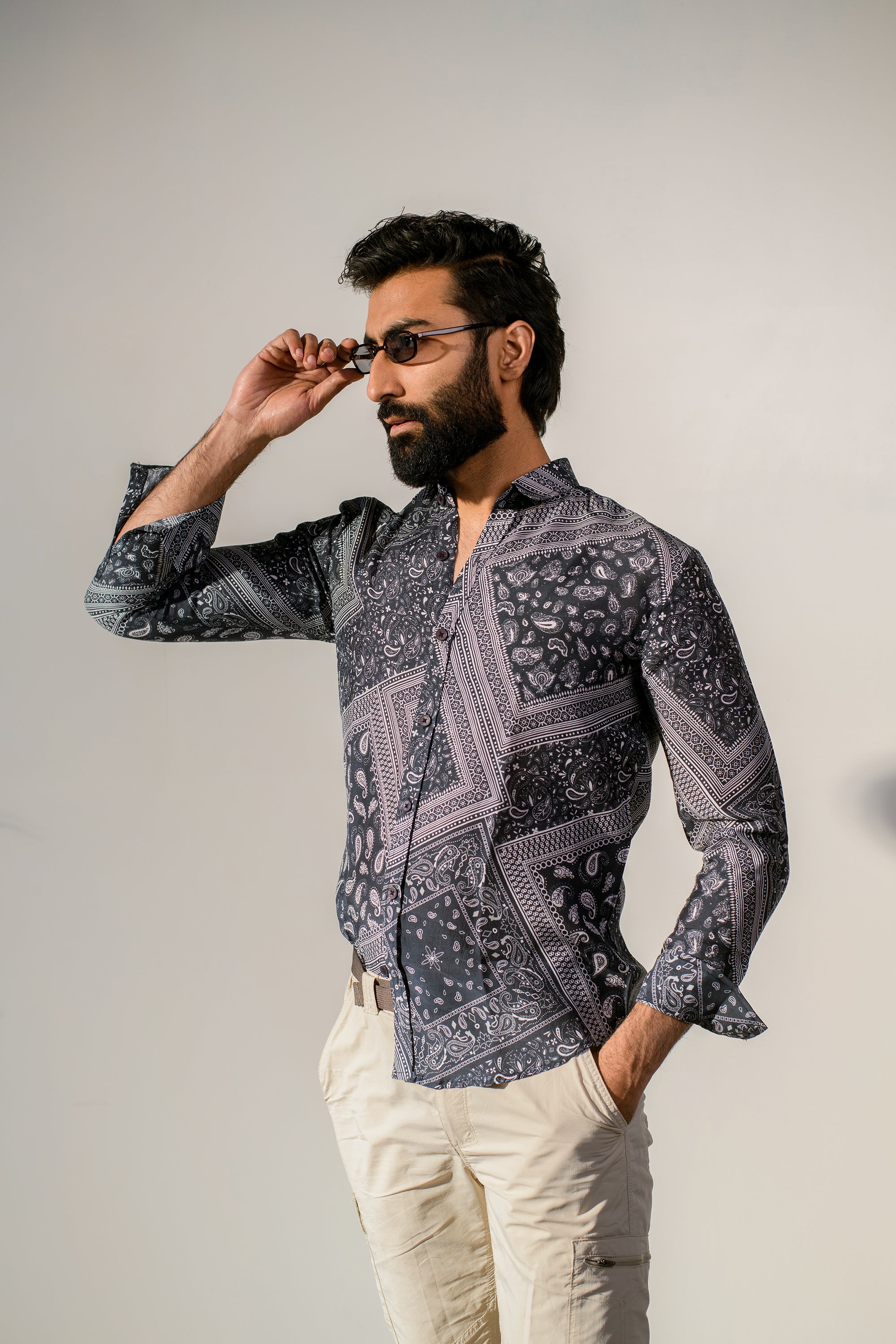 Rustic Boho Black Bandana Silk Oxford Collar Shirt For Men
