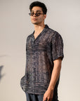 Rustic Boho Black Geometric Silk OverSize Hawaiin Collar Shirt For Men