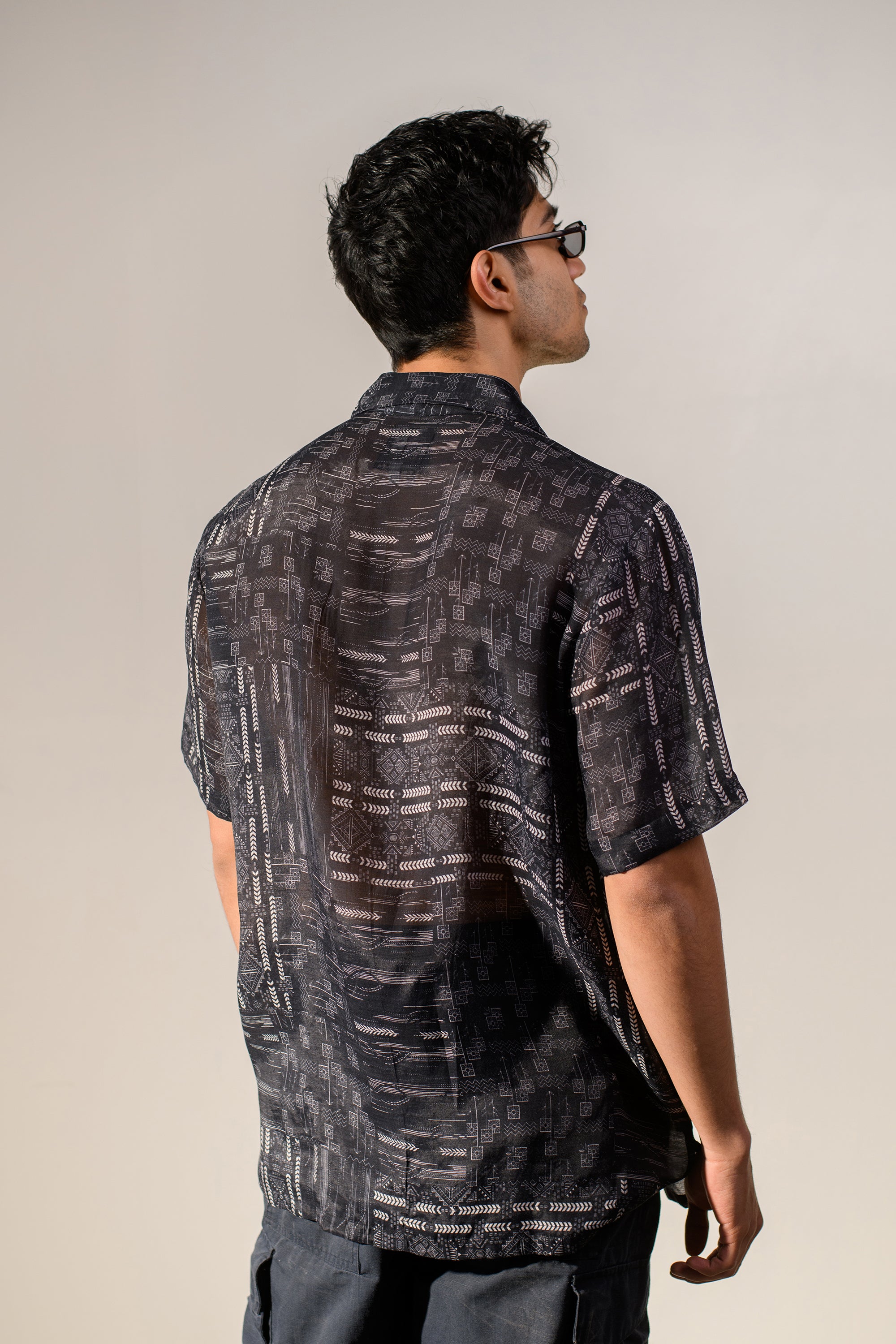 Rustic Boho Black Geometric Silk OverSize Hawaiin Collar Shirt For Men