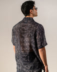 Rustic Boho Black Geometric Silk OverSize Hawaiin Collar Shirt For Men