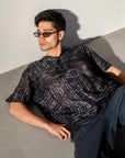 Rustic Boho Black Geometric Silk OverSize Hawaiin Collar Shirt For Men
